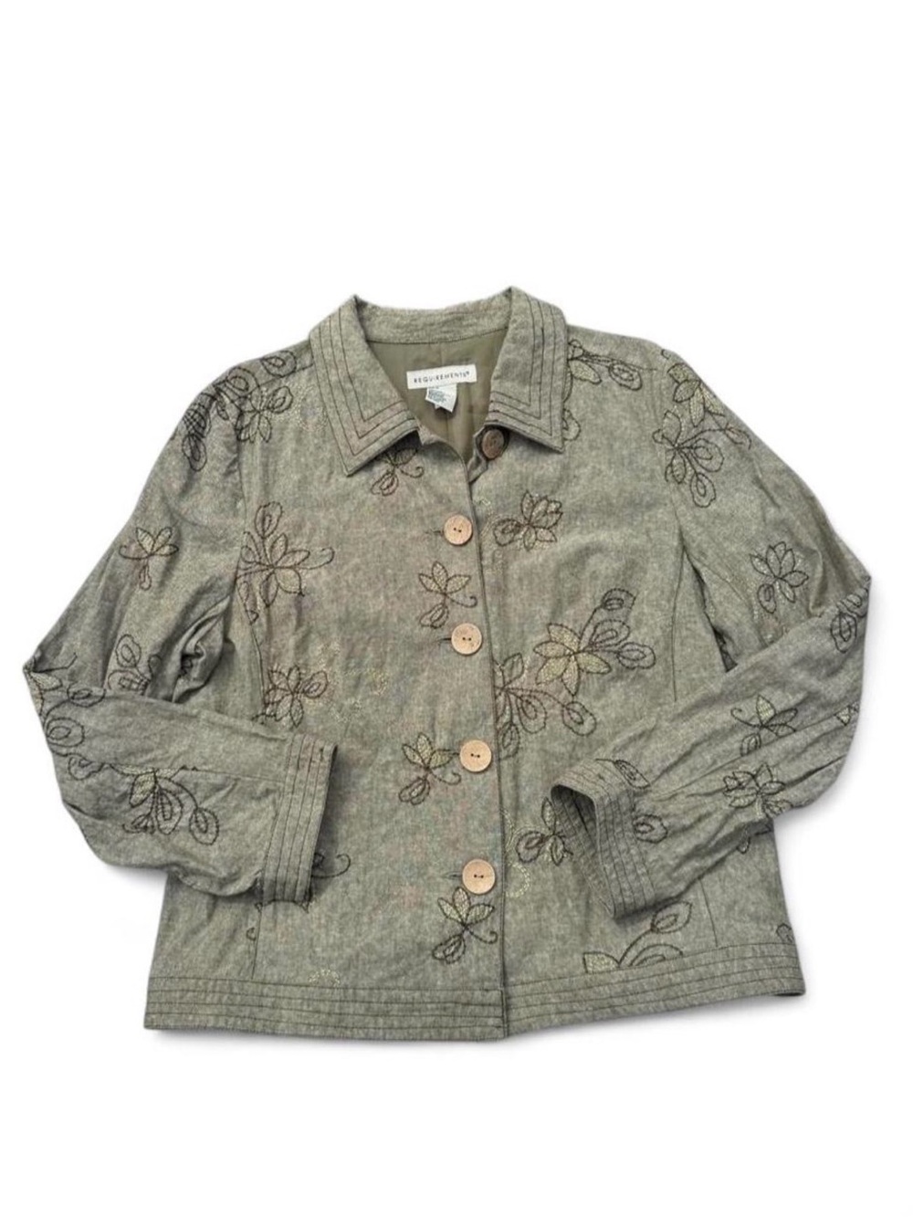 Vintage Cottagecore Floral Embroidered Linen + Cotton Button-Up Jacket - Olive